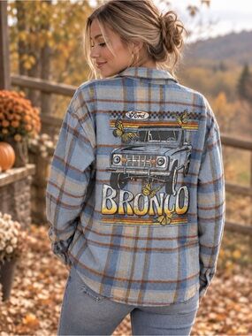 Ford Bronco Women’s Small Blue Plaid Flannel Shirt Vintage Graphic